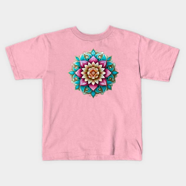 Blossoming Enlightenment, Serene Lotus Mandala in Pink, Teal, and Mint Kids T-Shirt by Nebula Nexus